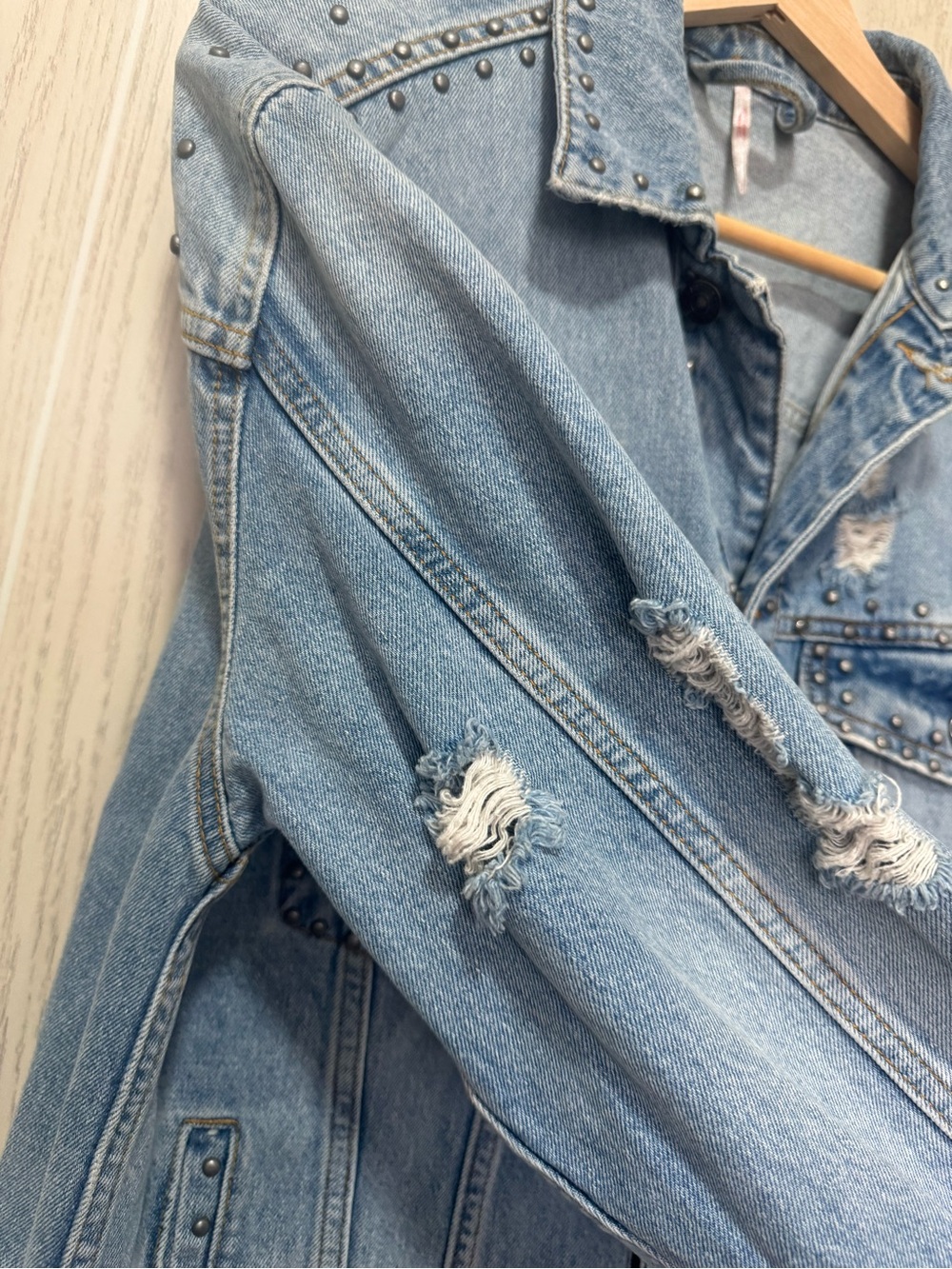 Free People Studded Denim Jacket Distressed Oversized Western Boho Jean Coat SM